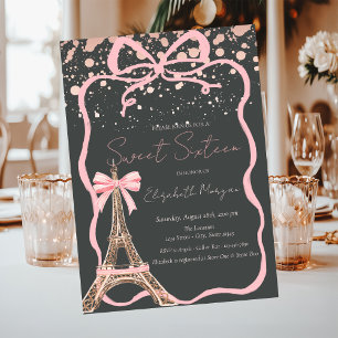 Convites Torre Eiffel Laço Rosa Pontos Cinza Sweet 16