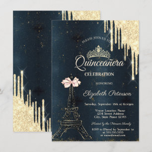Convites Torre Eiffel Laço Rosa Tiara, Gotejamento Azul Qui