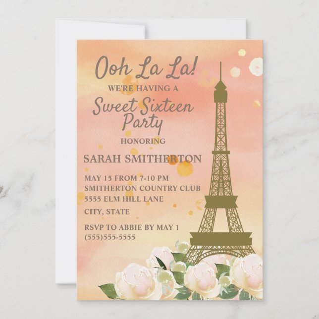 Convites Torre Eiffel Laranja Rosa Branco Floral Sweet 16 (Frente)