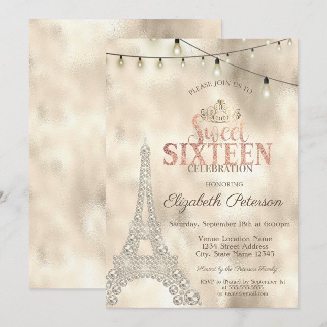 Convites Torre Eiffel, Luzes Douradas Tiara Sweet 16 (Frente/Verso)