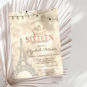 Convites Torre Eiffel, Luzes Douradas Tiara Sweet 16