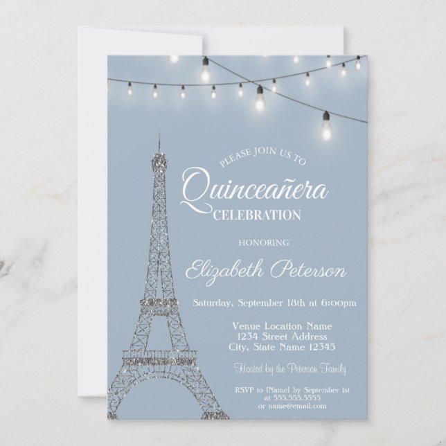 Convites Torre Eiffel, Luzes Dusty Blue Quinceañera (Frente)