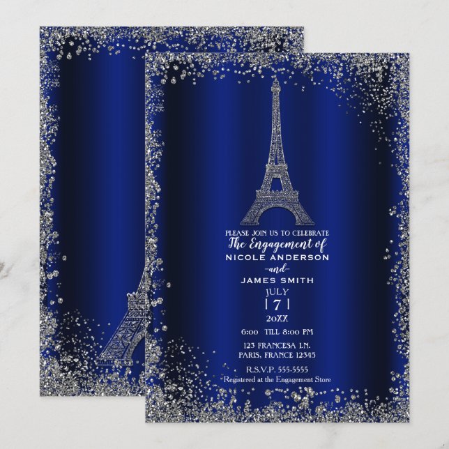 Convites Torre Eiffel Noiva Azul Royal com Brilho Prata (Frente/Verso)