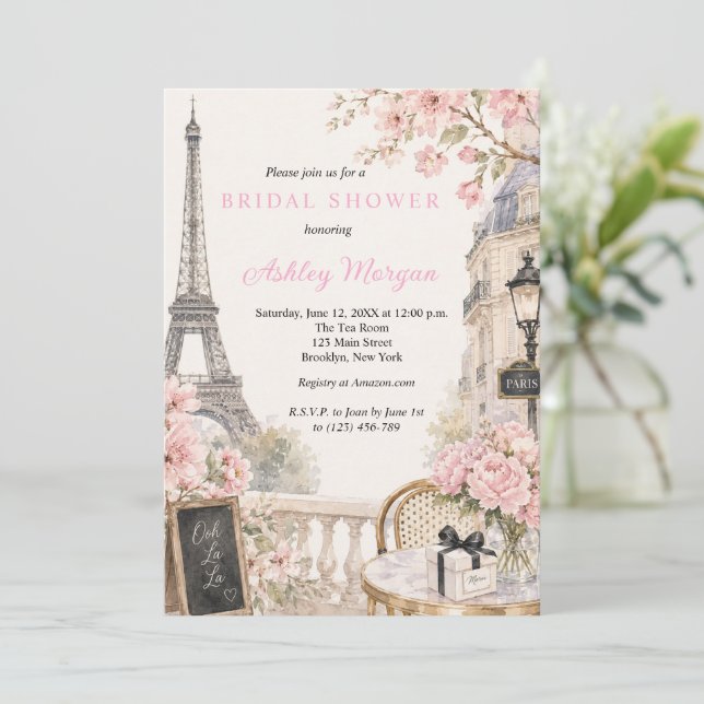 Convites Torre Eiffel Paris Flores Rosa Chá de Noiva (Em pé/Frente)