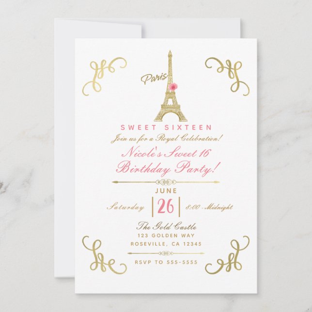 Convites Torre Eiffel Paris Ouro Rosa Pink Festa Sweet 16 (Frente)
