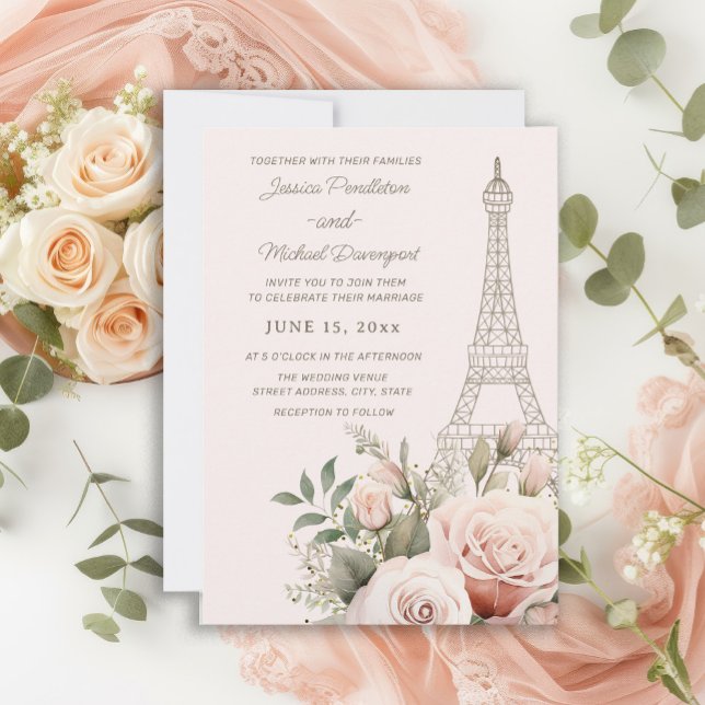 Convites Torre Eiffel Paris Rosas Cor-de-Rosa Casamento (Eiffel Tower Pink Roses wedding invitation)