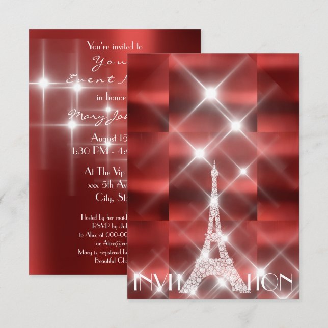 Convites Torre Eiffel Paris Stars Sparly Stars Diamond Vinh (Frente/Verso)