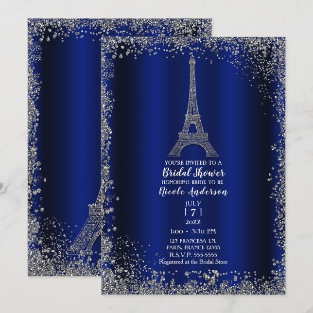 Convites Torre Eiffel Prata Azul Real Chique Chá de Noiva (Frente/Verso)