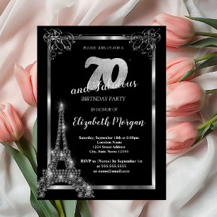 Convites Torre Eiffel Prata, Borda Preta Aniversário de 70 
