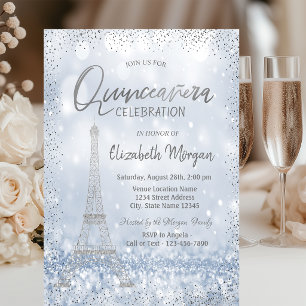 Convites Torre Eiffel Prata Confetes Bokeh Quinceañera