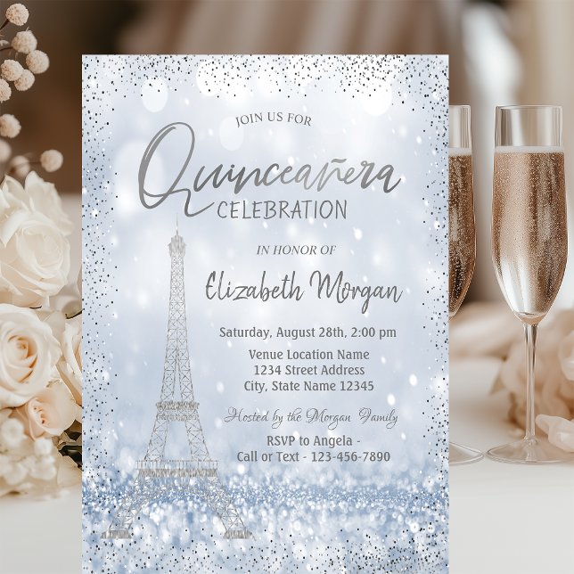 Convites Torre Eiffel Prata Confetes Bokeh Quinceañera (Criador carregado)