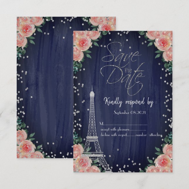 Convites Torre Eiffel Prata Diamantes Floral RSVP  (Frente/Verso)