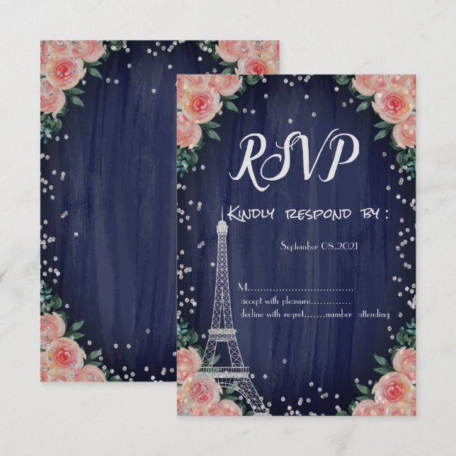 Convites Torre Eiffel Prata Diamantes Flores RSVP (Frente/Verso)