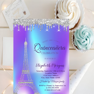 Convites Torre Eiffel Prata, Gotejamento Holográfico Quince