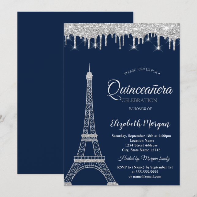 Convites Torre Eiffel Prateada com Brilho, Gotas para Quinc (Frente/Verso)