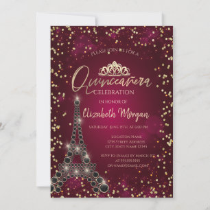 Convites Torre Eiffel preta,Quinze anos de diamantes bordô