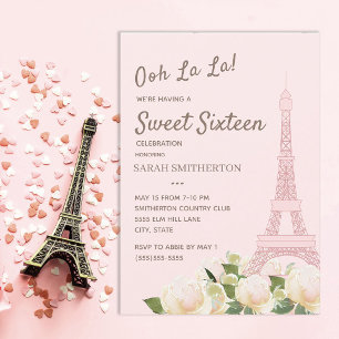 Convites Torre Eiffel Rosa Bege Branco Floral Sweet 16