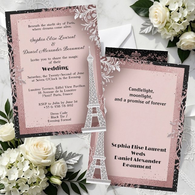 Convites Torre Eiffel Rosa Bege Casamento em Paris Destino  (Blush Pink Eiffel Tower Destination Paris Wedding Invitation)