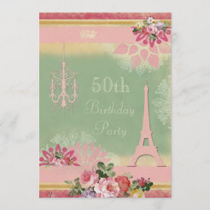 Convites Torre Eiffel Rosa de 50º aniversário e Chandelie
