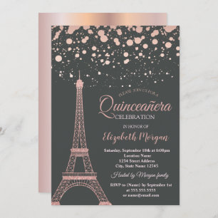 Convites Torre Eiffel, rosa Dourada, Dots Quinceañera