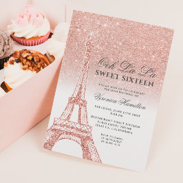Convites Torre Eiffel rosa dourado branco brilhante 16