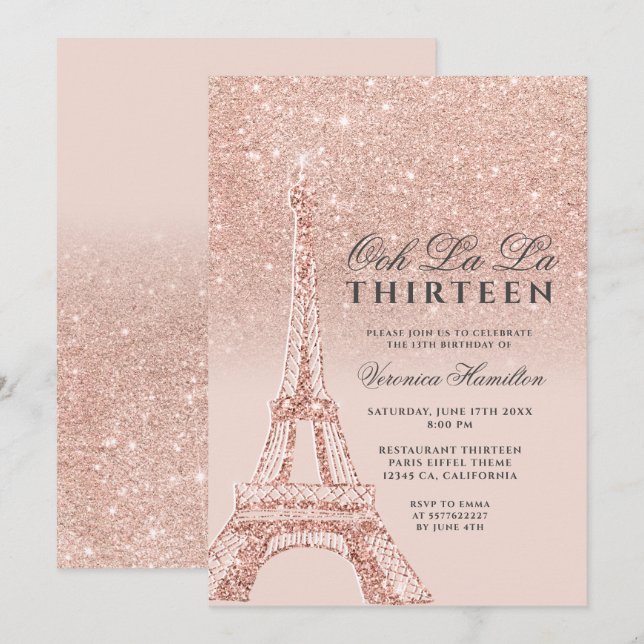 Convites Torre Eiffel rosa dourado brilho rosa chic treze (Frente/Verso)
