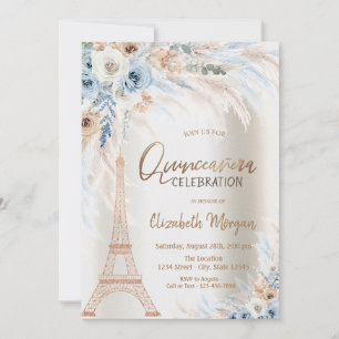 Convites Torre Eiffel Rosas Azuis Grama Pampas Quinceanera