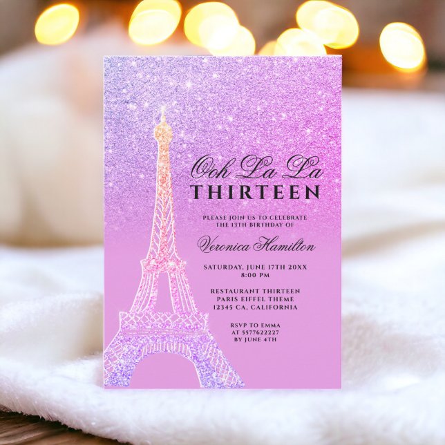 Convites torre Eiffel roxo brilho rosa chic treze (Eiffel tower purple glitter pink chic thirteen invitation)