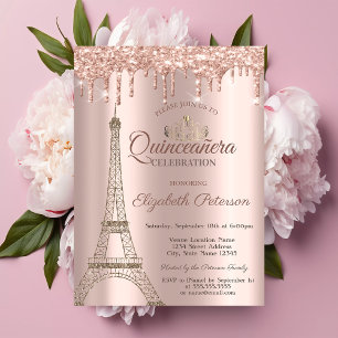 Convites Torre Eiffel, Tiara, Coloca Rosa Dourada Quinceañe
