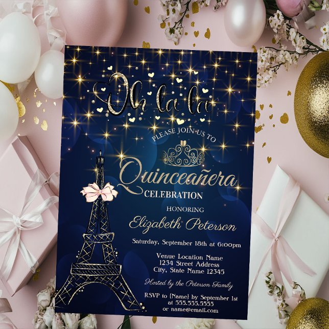 Convites Torre Eiffel, Tiara de Laço, Estrelas Quinceañera  (Criador carregado)