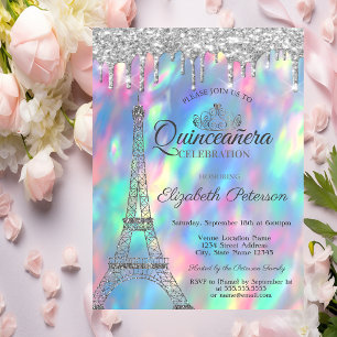 Convites Torre Eiffel,Tiara,Drips Holográfica Quinceañera 