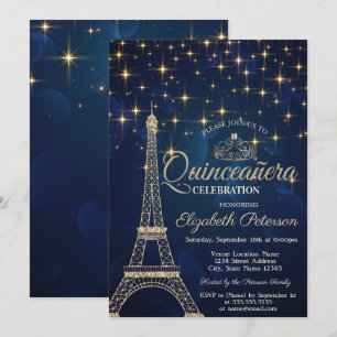 Convites Torre Eiffel,Tiara,Estrelas Azul Marinho Quinceañe