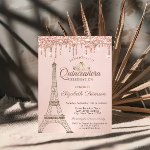 Convites Torre Eiffel, Tiara, Gotas de Rosa Dourada Quincea