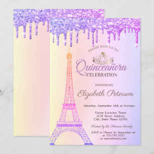 Convites Torre Eiffel,Tiara,Gotas Ombre Quinceañera