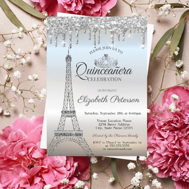 Convites Torre Eiffel,Tiara,Pingentes de Prata Quinceañera (Criador carregado)