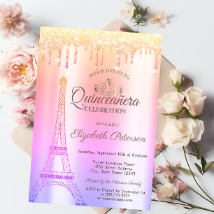 Convites Torre Eiffel,Tiara,Pingentes Ombre Quinceañera