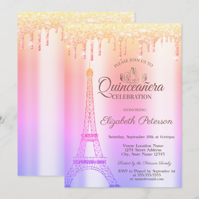 Convites Torre Eiffel,Tiara,Pingentes Ombre Quinceañera (Frente/Verso)