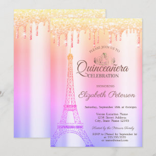 Convites Torre Eiffel,Tiara,Pingentes Ombre Quinceañera