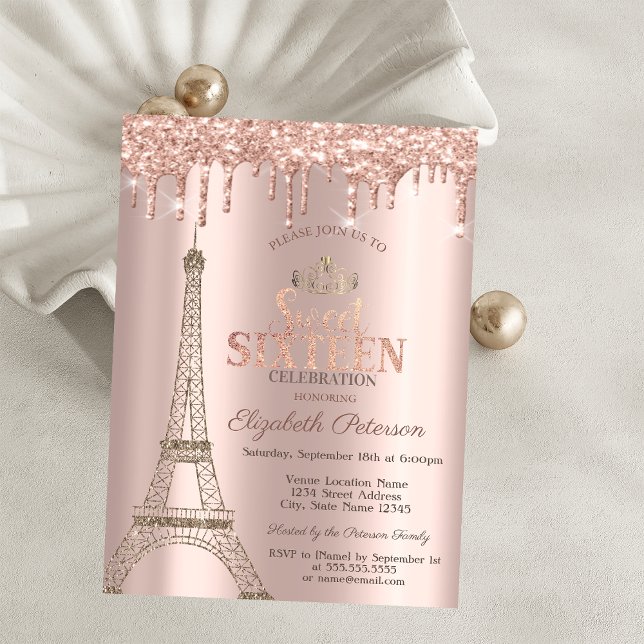 Convites Torre Eiffel,Tiara,Pingentes Rosa Dourado Sweet 16 (Criador carregado)