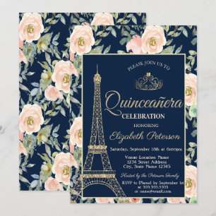 Convites Torre Eiffel,Tiara,Rosas Azul Marinho Quinceañera