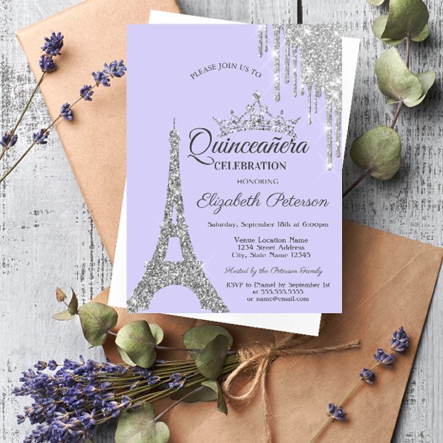 Convites Torre Eiffel,Tocando Gotas de Prata Lavanda Quinze (Criador carregado)