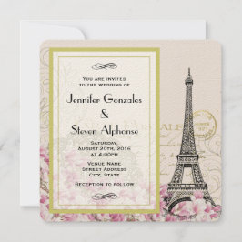Convites Torre Eiffel Vintage com Flores Silvestres Rosa Ca