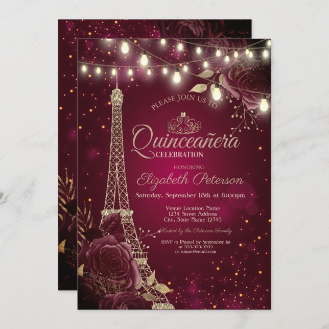 Convites Torre Glitter Eiffel, Rosas Burgundy Quinceañera (Frente/Verso)