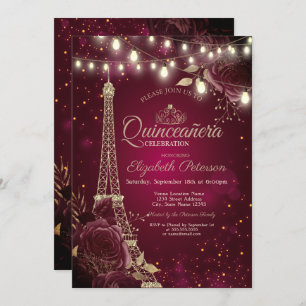 Convites Torre Glitter Eiffel, Rosas Burgundy Quinceañera
