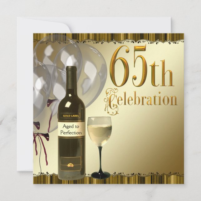 Convites Torta de 65 anos Garrafa de Vinho Copo Dourado (Frente)
