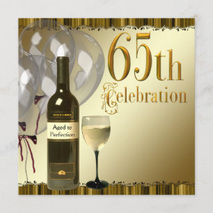 Convites Torta de 65 anos Garrafa de Vinho Copo Dourado