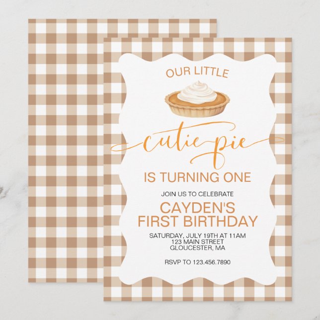 Convites Torta de abóbora Cutie Pie Outono xadrez Primeiro  (Frente/Verso)
