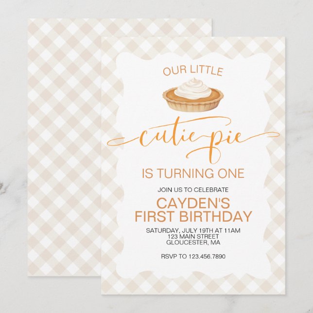 Convites Torta de abóbora Cutie Pie Outono xadrez Primeiro  (Frente/Verso)