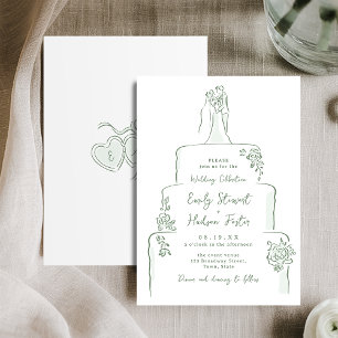 Convites Torta de Casamento Desenhada à Mão Sage Caprichosa
