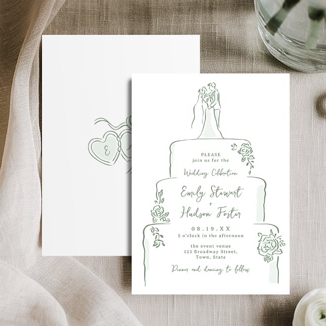 Convites Torta de Casamento Desenhada à Mão Sage Caprichosa (Sage Hand Drawn Wedding Cake Whimsical Invitation)